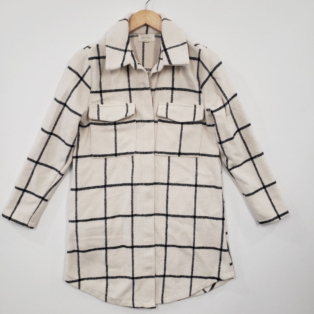 Melloday Windowpane Plaid Longline Shacket Cream Black Small Minimalist Neutral